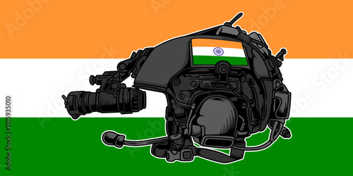 Indian military tactical helmet. Detailed vector illustration of a tactical helmet featuring an intricate design with multiple lights and using night vision goggles.