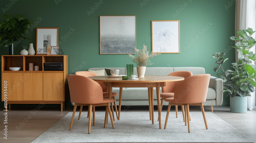 Scandinavian Mid-Century Living Room with Mint Chairs and Round Wooden Dining Table Scandinavian Mid-Century Living Room with Mint Chairs and Round Wooden Dining Table