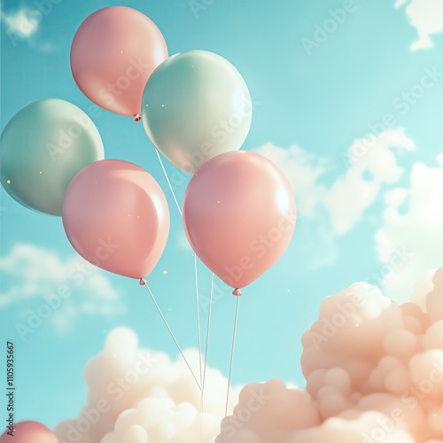 Pastel background with claystyle balloons floating among soft clouds, symbolizing a light celebratory spring mood photo