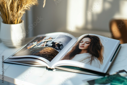 A photobook open on a table with artistic portraits, sunlight creating natural shadows and a cozy atmosphere

