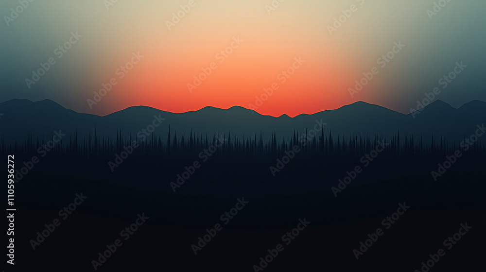 Obraz premium A minimalist orange black gradient wallpaper, with a Mountain View landscape and a silhouette forest