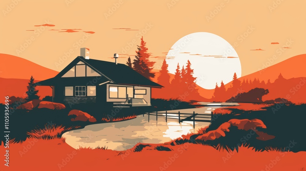 Obraz premium A serene cabin surrounded by nature at sunset, showcasing a warm orange palette and tranquil waters.