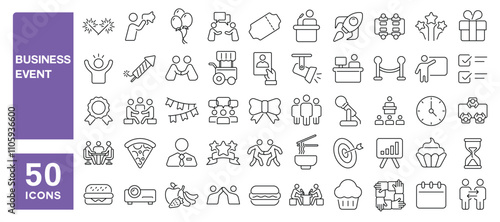 Set of 50 line icons related to business event, planning, meeting, celebration, invitation, organization, work, snacks, presentation, Editable stroke. Vector illustration