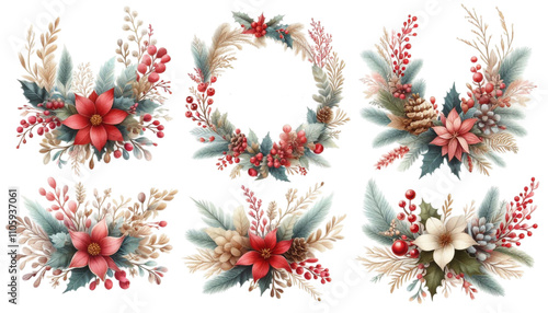 Colorful floral decorations featuring poinsettias, berries, and greenery for winter celebrations and holiday events