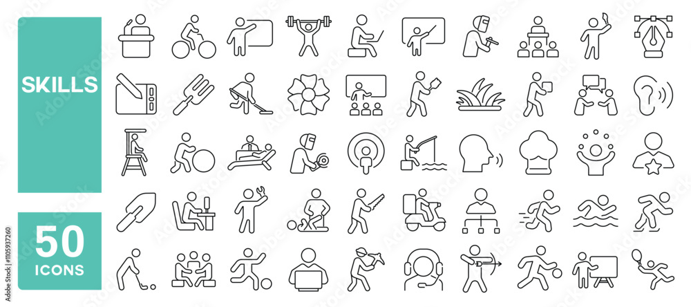 Set of 50 line icons related to skills, various, craft, speak, listen, communicate, cook, clean, draw, weld, sport, teach, work, Editable stroke. Vector illustration