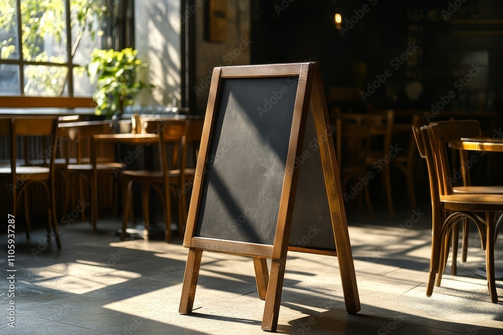 Wooden A-Frame Chalkboard Stand in Brightly Lit Cafeteria with Empty Chairs and Tables, Perfect for Menu Display and Creative Art in a Cozy Atmosphere Wooden A-Frame Chalkboard Stand in Brightly Lit Cafeteria with Empty Chairs and Tables, Perfect for Menu Display and Creative Art in a Cozy Atmosphere