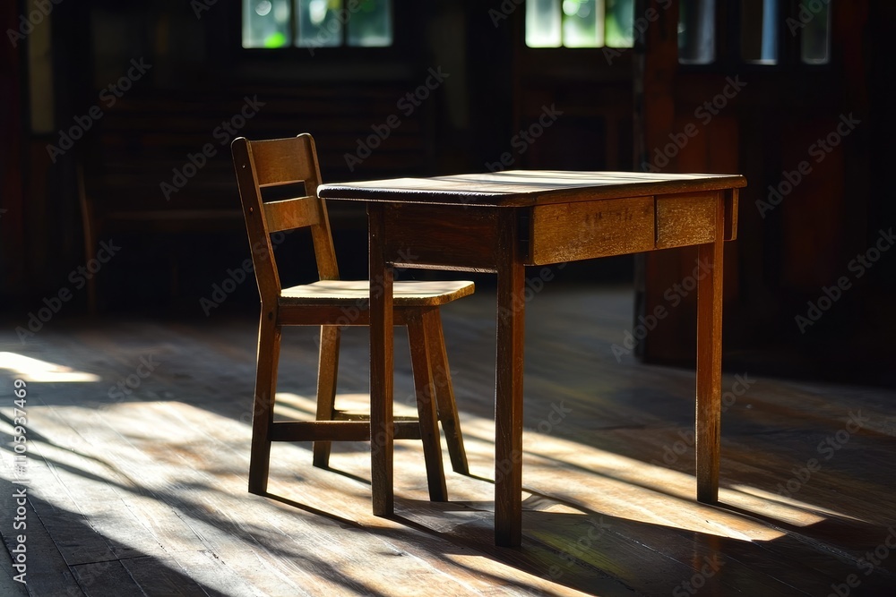 Wooden Table and Chair in Sunlit Room, Capturing the Serenity of Minimalist Design and Natural Light in an Intimate Indoor Space Wooden Table and Chair in Sunlit Room, Capturing the Serenity of Minimalist Design and Natural Light in an Intimate Indoor Space