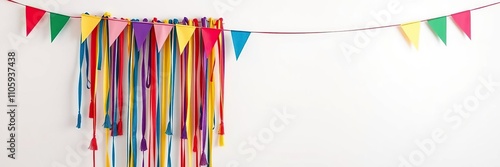 Colorful pennant swag draped across the wall, global inspired, patchwork fabric