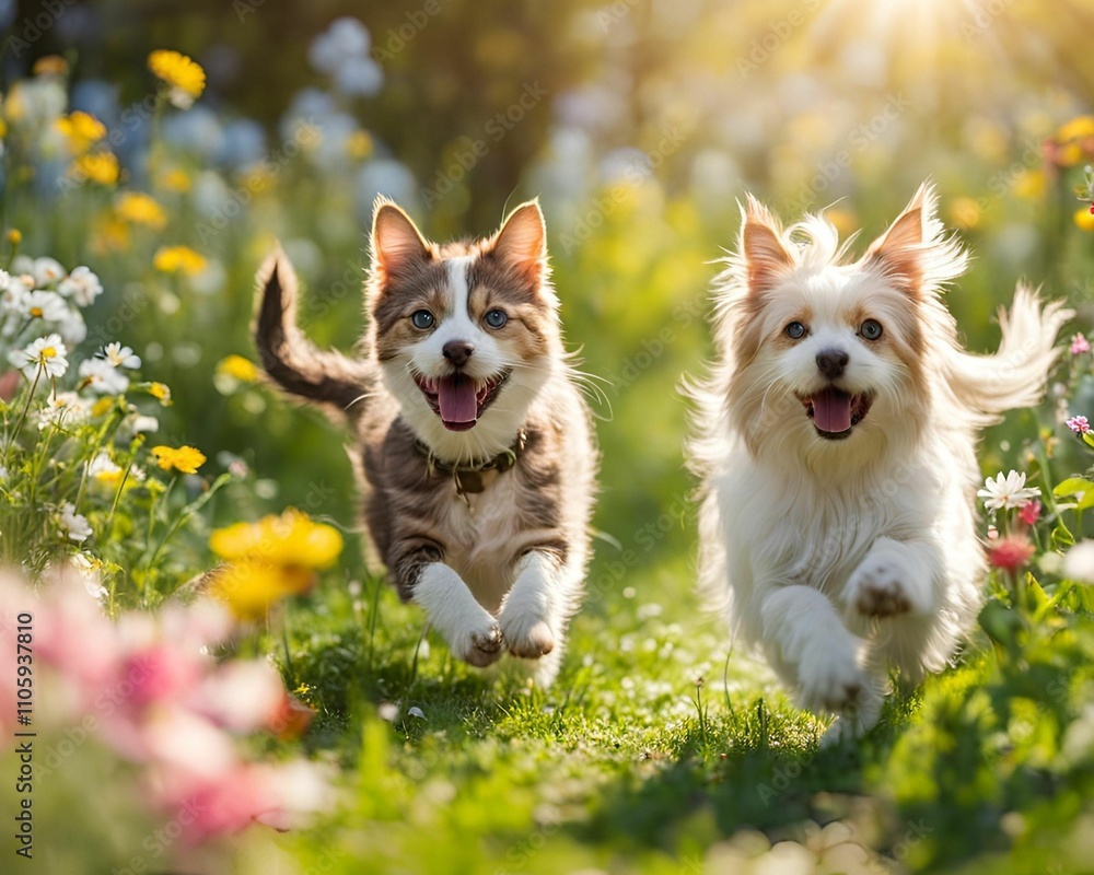 Cat and dog running together in vivrant flower garden, sunny spring meadow. Generative AI Cat and dog running together in vivrant flower garden, sunny spring meadow. Generative AI