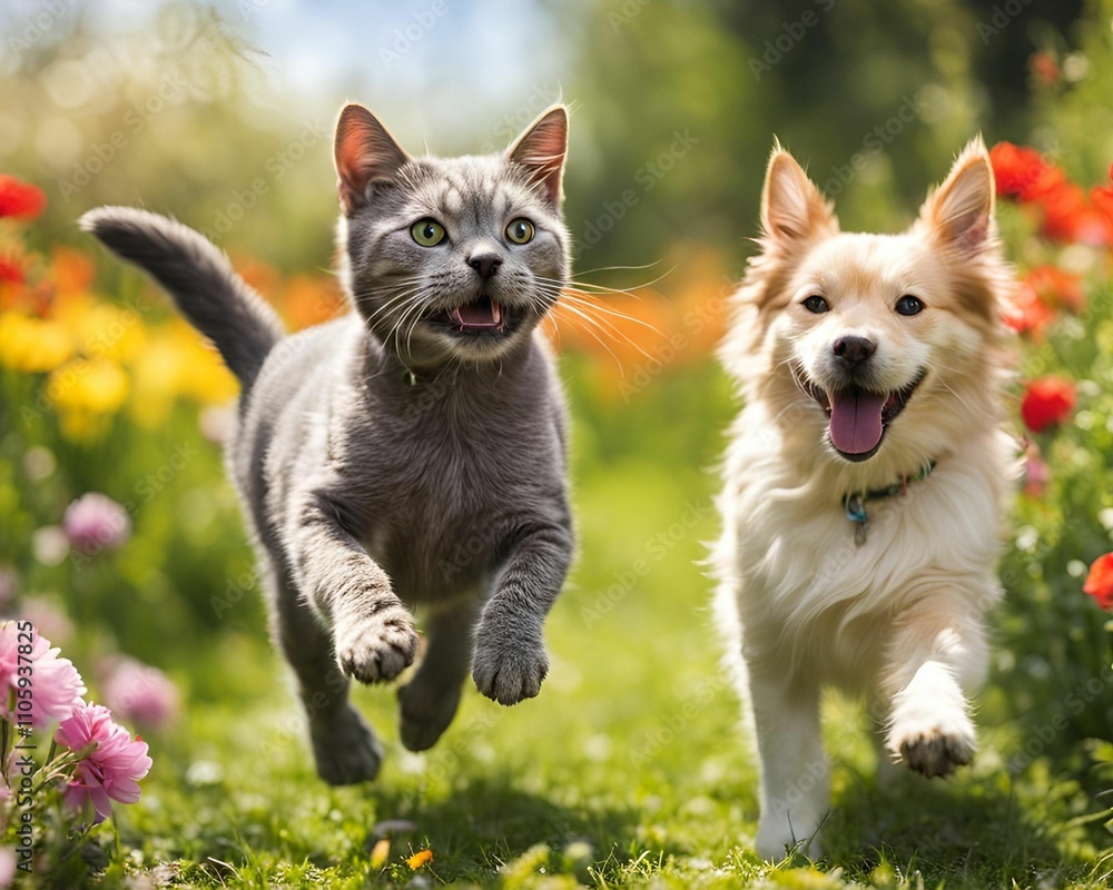 Cat and dog running together in vivrant flower garden, sunny spring meadow. Generative AI Cat and dog running together in vivrant flower garden, sunny spring meadow. Generative AI