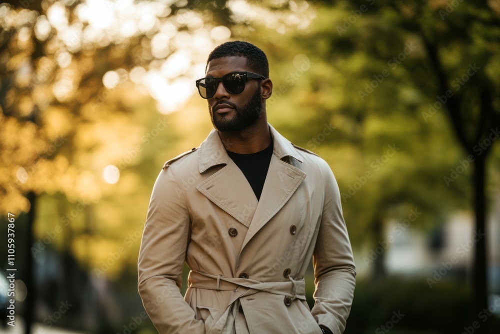Stylish man strolls through a sunlit park dressed in a trench coat, showcasing elegance and confidence amidst vibrant autumn foliage Stylish man strolls through a sunlit park dressed in a trench coat, showcasing elegance and confidence amidst vibrant autumn foliage