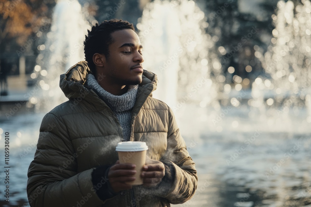Young man enjoying a warm beverage while surrounded by elegant fountains in a bustling urban park during a crisp autumn morning Young man enjoying a warm beverage while surrounded by elegant fountains in a bustling urban park during a crisp autumn morning