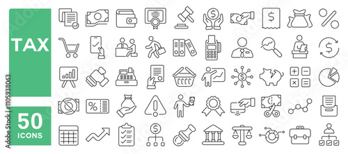 Set of 50 line icons related to tax, accountant, financial, analysis, report, statement, evaluation, profit, inspection, invoice, Editable stroke. Vector illustration