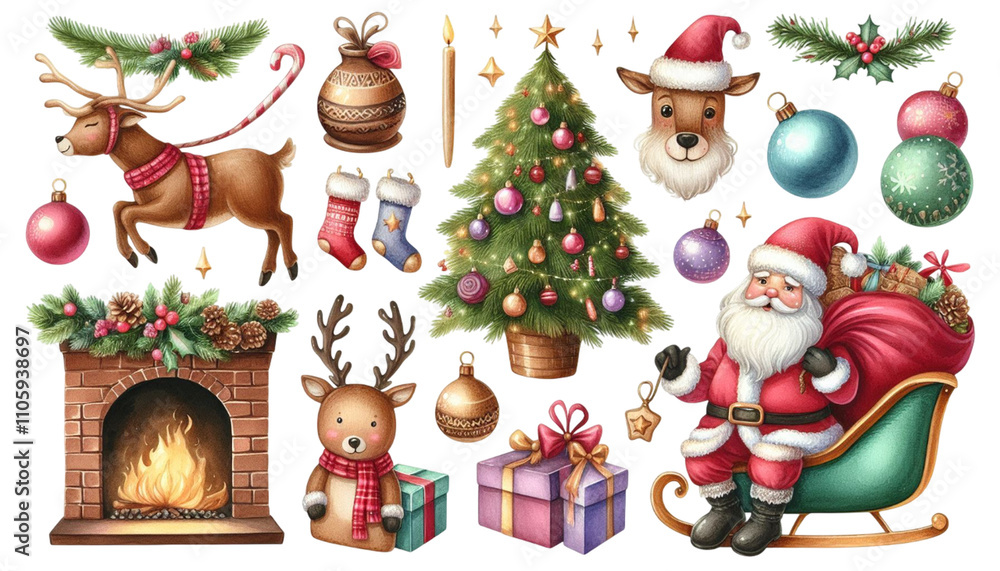 Holiday decorations featuring Santa, reindeer, a Christmas tree, and various ornaments for festive occasions Holiday decorations featuring Santa, reindeer, a Christmas tree, and various ornaments for festive occasions