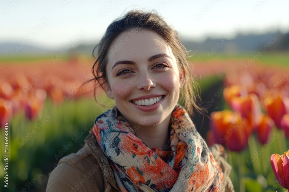 Joyful moments in a blooming tulip field under the warm sun with vibrant colors and cheerful expressions