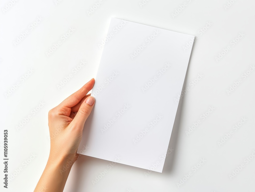 Female hand showing a blank letter sized page in a minimal office setting Female hand showing a blank letter sized page in a minimal office setting