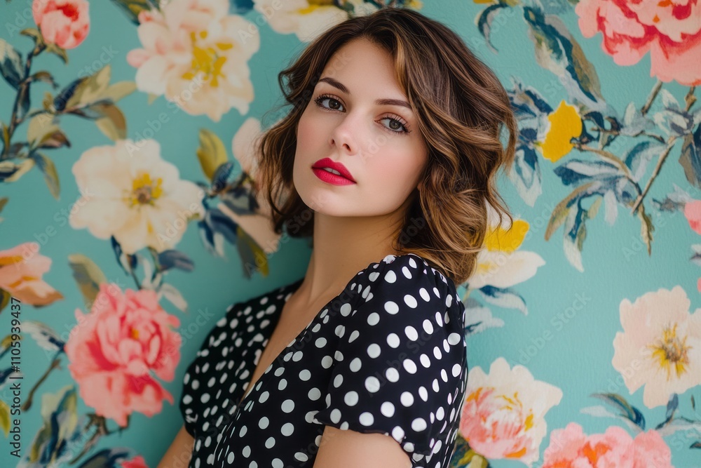 Captivating portrait of a woman with curly hair against a floral backdrop, exuding elegance and charm in a vibrant setting Captivating portrait of a woman with curly hair against a floral backdrop, exuding elegance and charm in a vibrant setting