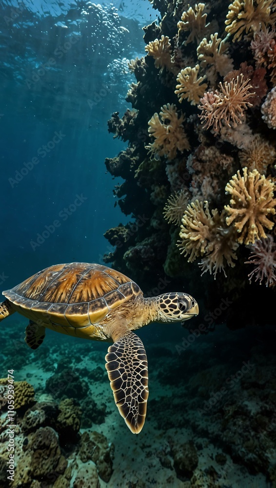 Fototapeta premium Diver swimming behind a turtle while diving in Indonesia's Lembeh Strait.