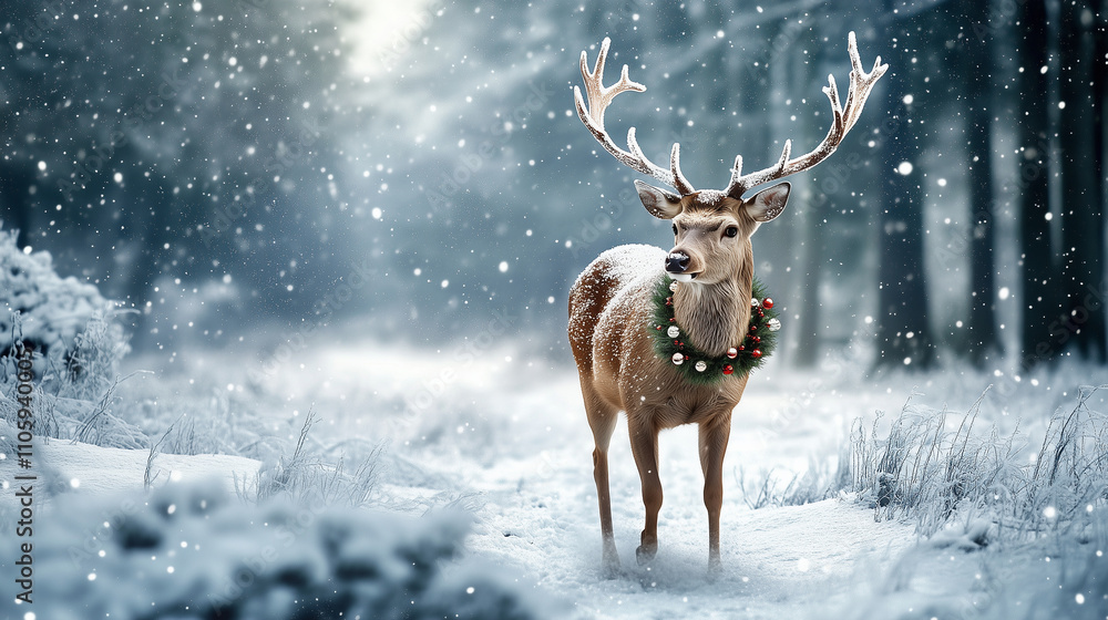 A deer gracefully walks through a snow-laden forest, its festive wreath complemented by small ornaments and a dusting of glittering snow on its antlers. A deer gracefully walks through a snow-laden forest, its festive wreath complemented by small ornaments and a dusting of glittering snow on its antlers.