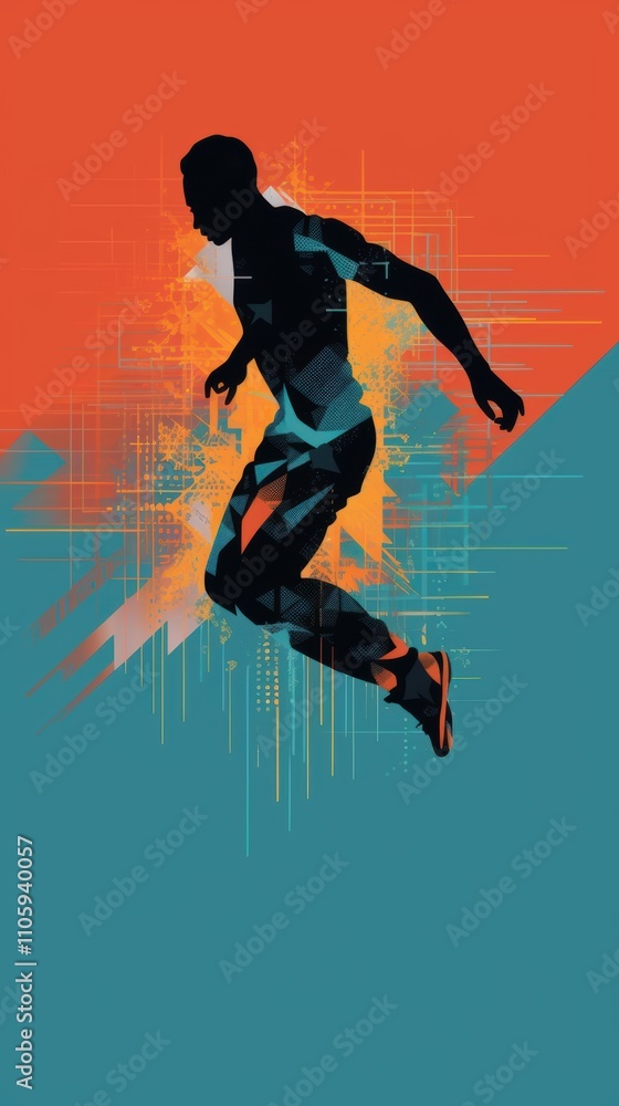 Obraz premium A dynamic silhouette of a male athlete in mid-jump against a vibrant abstract background, showcasing motion and energy.