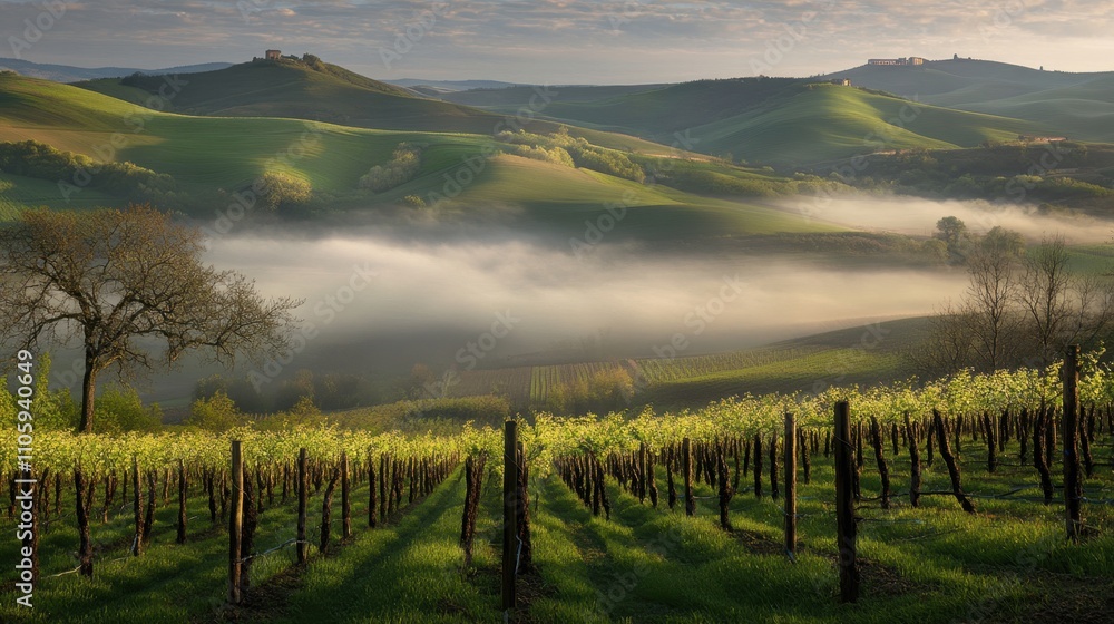 Naklejka premium Serene Tuscan Landscape at Sunrise with Mist and Vineyards