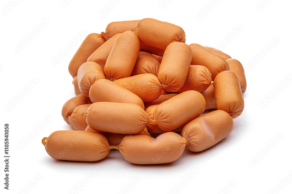 Small appetizing sausages on a white background.
