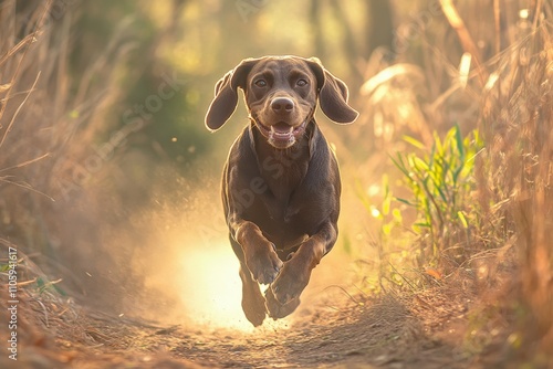 Chocolate-colored Labrador Retriever dog hunting with his master walking on the river. Beautiful simple AI generated image photo