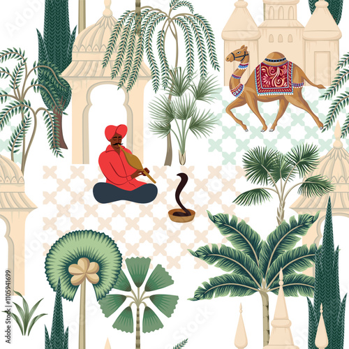 Snake charmer, camel, palms and architecture in the town oriental seamless pattern. Indian wallpaper.	