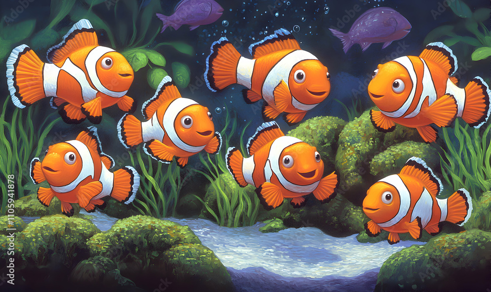Fototapeta premium Seven cheerful clownfish swim amidst vibrant coral and seaweed in a lively underwater scene, perfect for children's books, marine-themed designs, or joyful aquatic imagery.