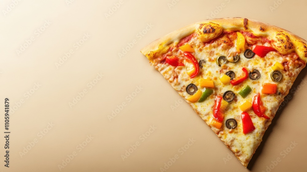Delicious Vegetarian Pizza Slice on Warm Beige Background Delicious Vegetarian Pizza Slice on Warm Beige Background