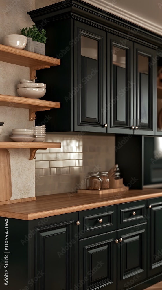 Modern kitchen with dark cabinetry and wooden shelves, showcasing a clean, organized space. Modern kitchen with dark cabinetry and wooden shelves, showcasing a clean, organized space.