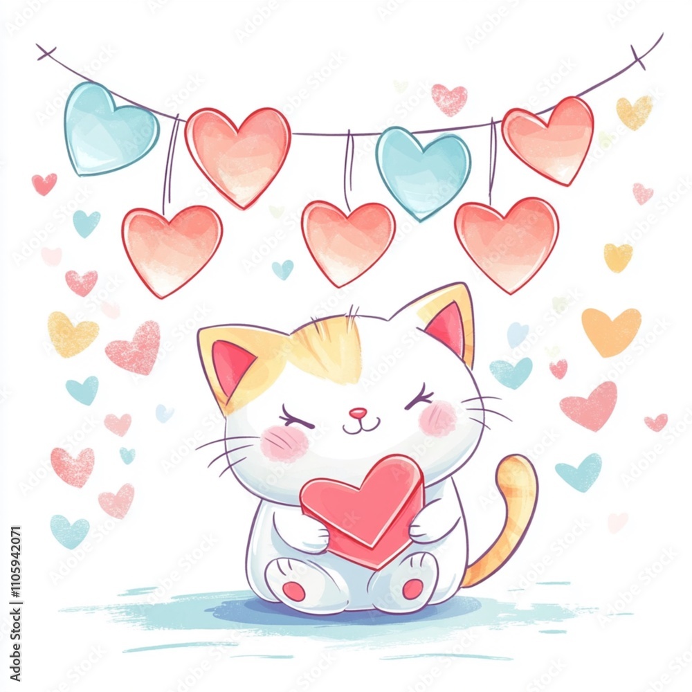 Cute Kitten with Heart Envelope and Pastel Heart Garland Cute Kitten with Heart Envelope and Pastel Heart Garland