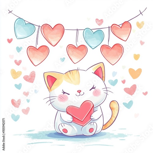 Cute Kitten with Heart Envelope and Pastel Heart Garland