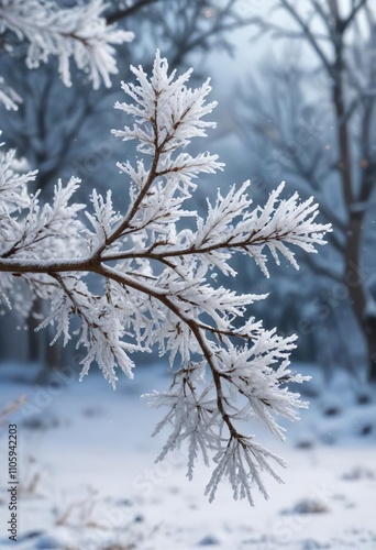 Frozen branch covered in white frost with snowflakes, frozen, leaves