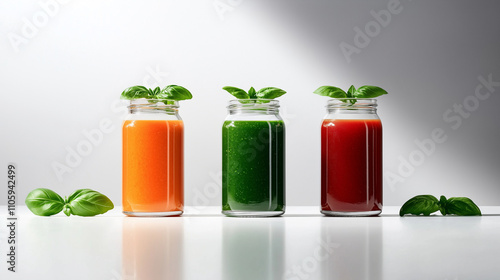 Wallpaper Mural A minimalist composition of three jars filled with green, orange, and red sauces, accompanied by whole basil sprigs and light reflections highlighting the glass jars on a white bac Torontodigital.ca