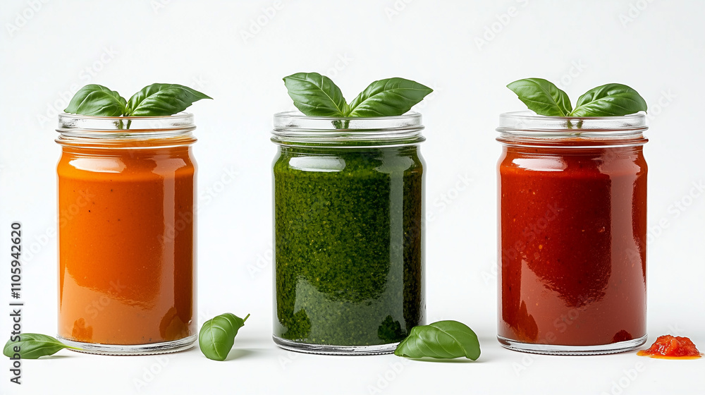 Three vibrant jars of sauces Three vibrant jars of sauces