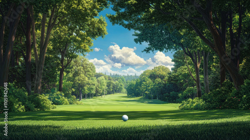 The golf ball is on a green lawn in a beautiful golf course with morning sunshine.
