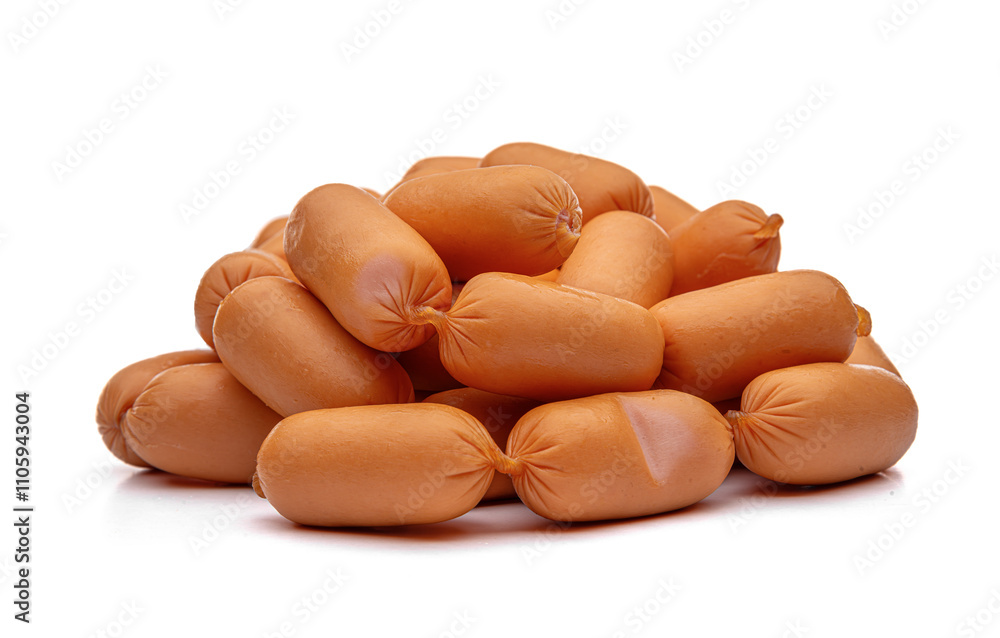 Small appetizing sausages on a white background.
