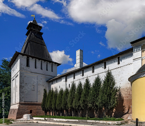 Monastery wall and tower. Nativity of the Virgin monastery, city of Borovsk, Russia photo