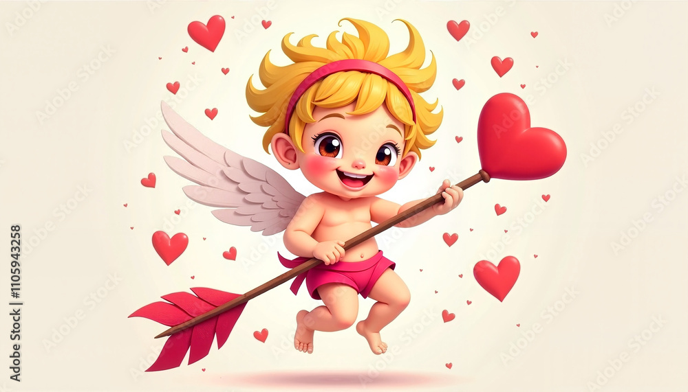Cheerful cupid with wings holding a heart-tipped arrow Cheerful cupid with wings holding a heart-tipped arrow
