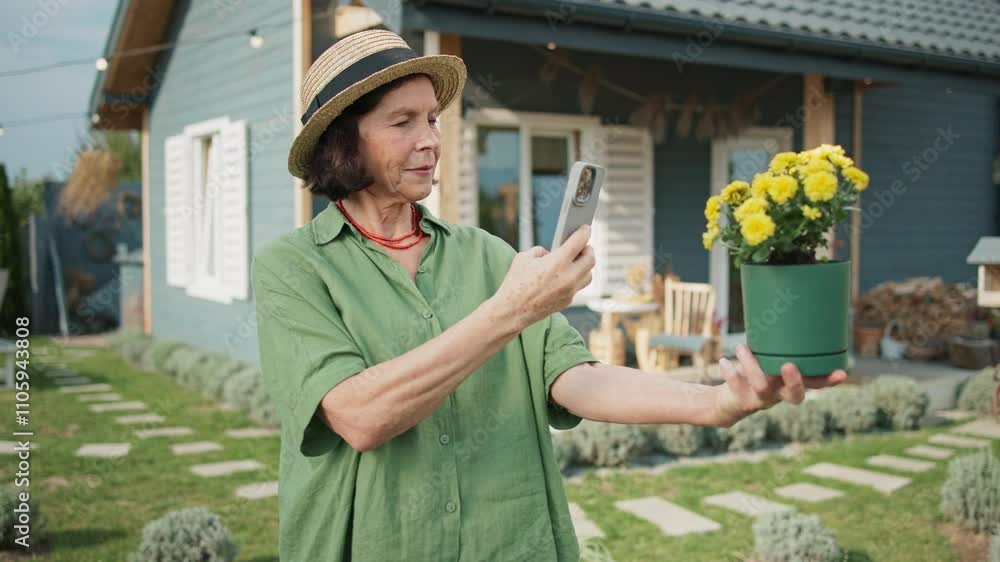 Positive Caucasian woman standing in her garden while making photo of small plant in pot. Holding flower with one hand. Smiling while enjoying gardening in sunny weather. Living in countryside.