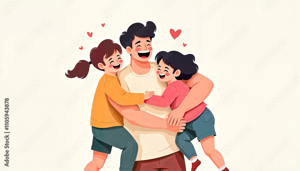 Joyful father hugging two daughters with hearts background Joyful father hugging two daughters with hearts background