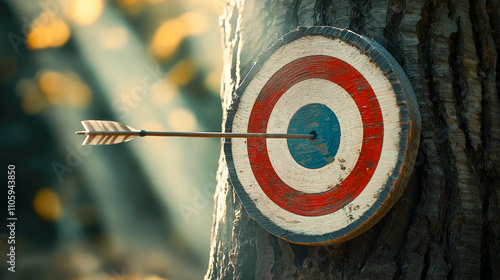 A striking image of an arrow embedded in a colorful target mounted on a tree, surrounded by warm sunlight, capturing the essence of precision and focus.