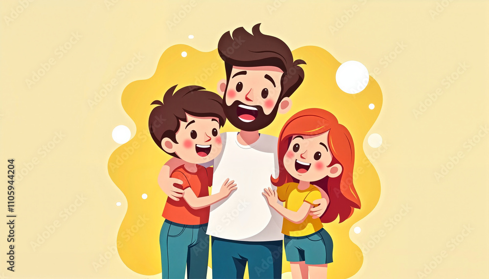 Smiling father with son and daughter in a cheerful illustration
