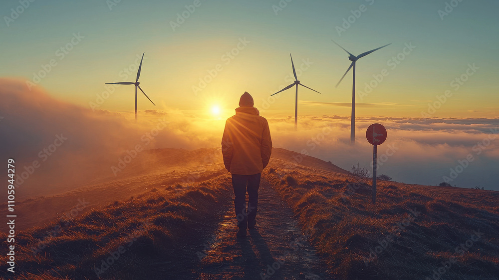 worker inspecting wind turbines at sunrise, surrounded by clouds and mist, creates serene and inspiring atmosphere. scene captures beauty of renewable energy worker inspecting wind turbines at sunrise, surrounded by clouds and mist, creates serene and inspiring atmosphere. scene captures beauty of renewable energy