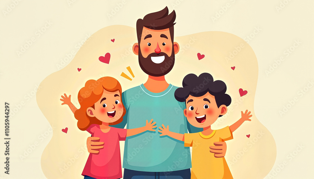 Happy father hugging two children with hearts background Happy father hugging two children with hearts background
