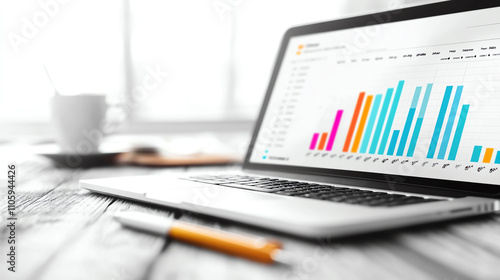 laptop displaying colorful bar graphs and charts on wooden desk, with coffee cup in background, creates productive and modern workspace atmosphere