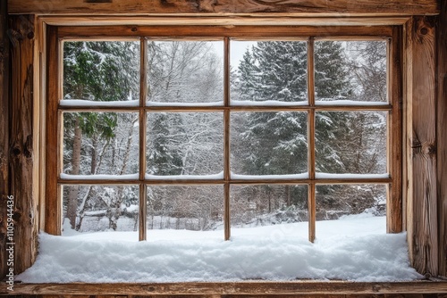 Wooden Window Frame Showing Snowy Winter Landscape