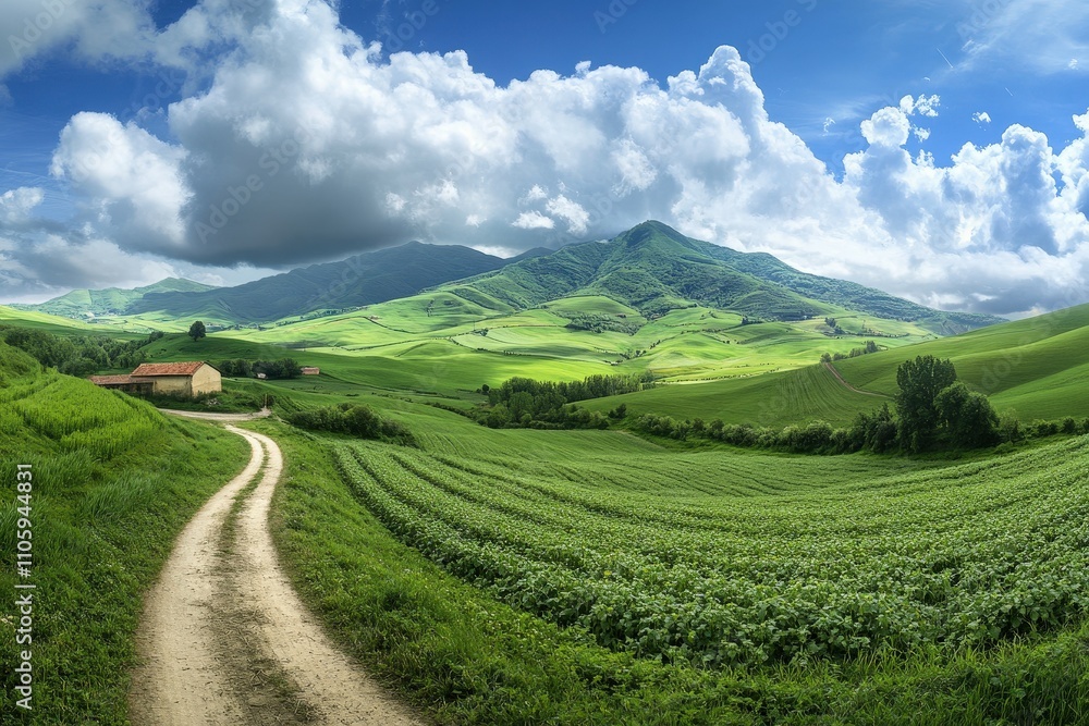 Fototapeta premium Hilly landscape with vineyards, Hexental, near Freiburg im Breisgau, Markgraflerland, Black Forest, Baden-Wurttemberg, Germany, Europe. Beautiful simple AI generated image