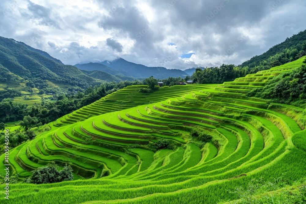 Fototapeta premium Landscape view of rice terraces in Asia, highlighting bio-ecological beauty and agricultural harmony.. Beautiful simple AI generated image